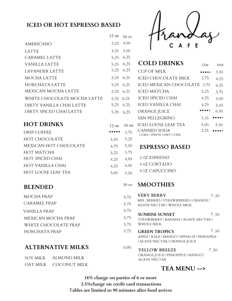 Coffee menu